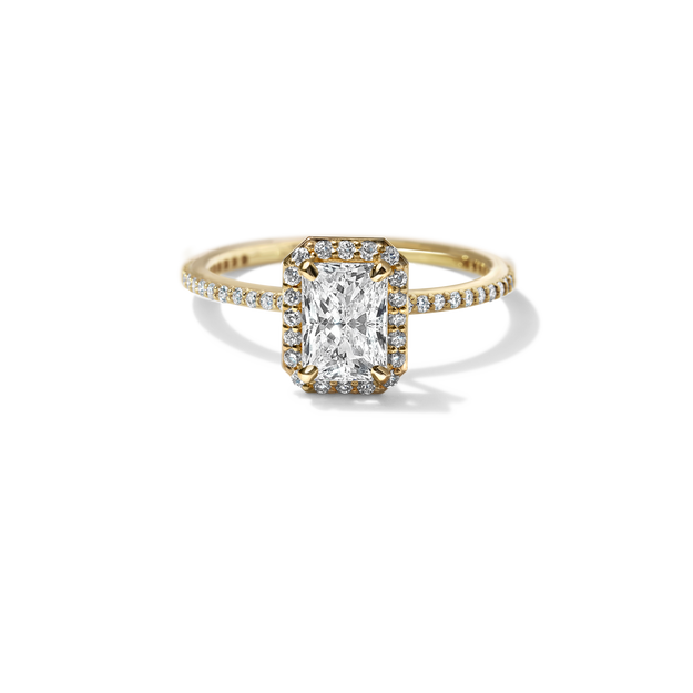 Attractive Yellow Radiant & Round online Cut CZ Diamond Ring / Hallo Accents Hemstone Ring / Minimalist Rose Gold Ring / Wedding Proposal Ring